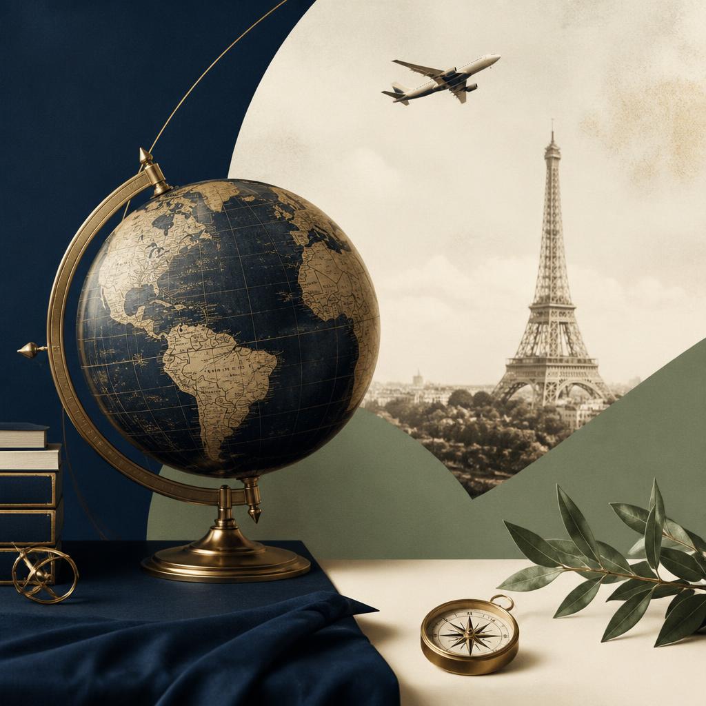 Globe, airplane and Eiffel Tower in an academic editorial composition